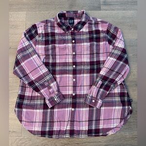 Gap Boyfriend Flannel Pink Purple Plaid Check Long Sleeve Button Down Shirt